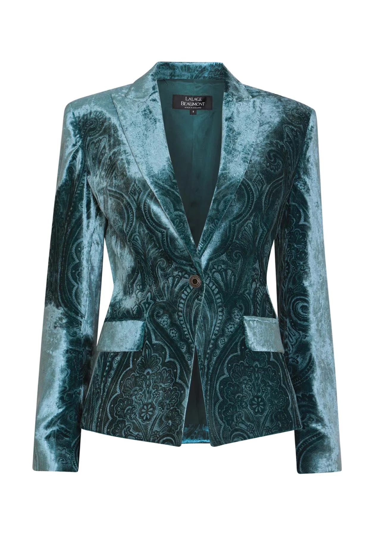 Paisley Printed Velvet Jacket in Teal - Inez