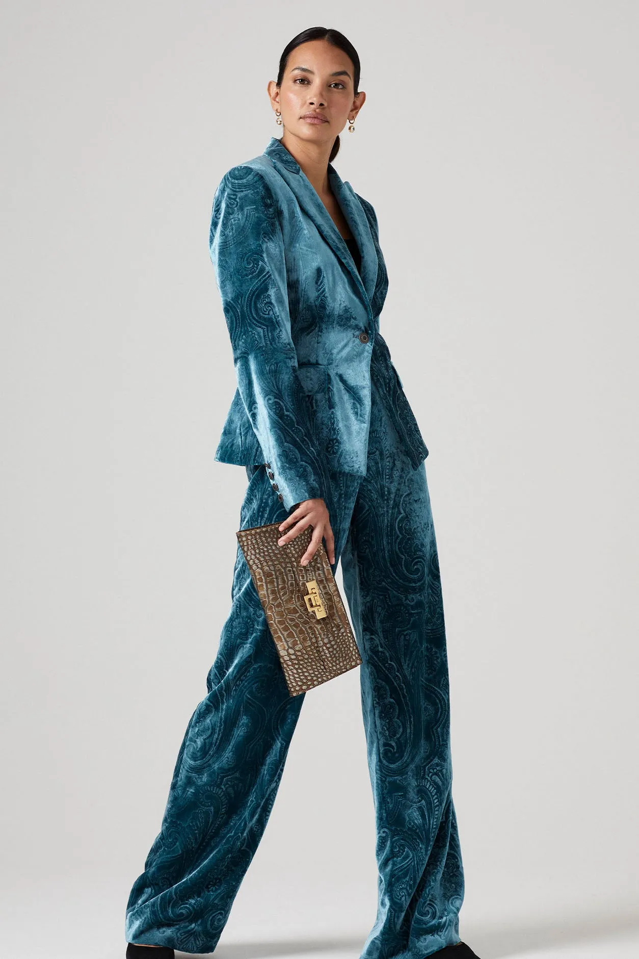 Paisley Printed Velvet Jacket in Teal - Inez