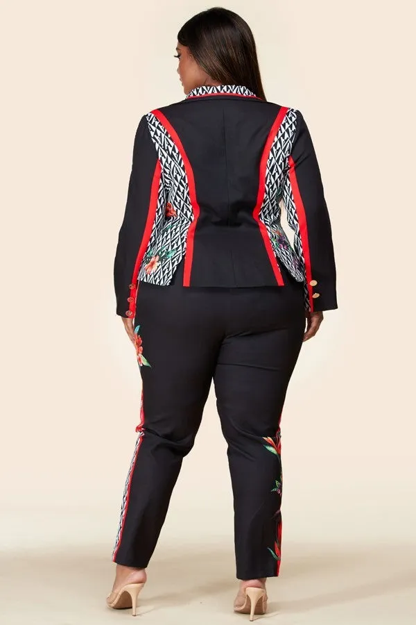 Plus-Size Black Flower Blazer Pant Suit Set