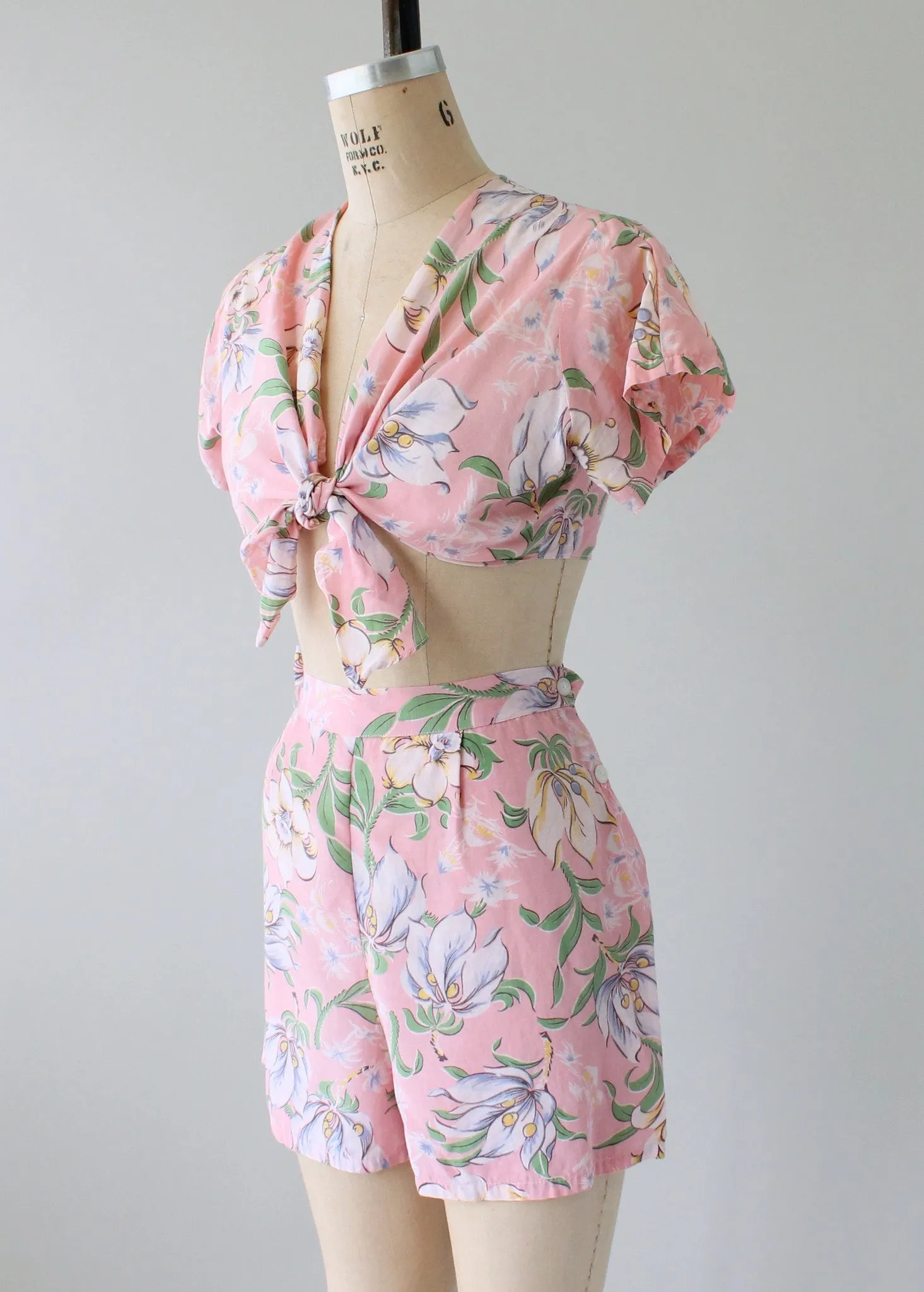 Vintage 1940s Two Piece Pink Floral Playsuit