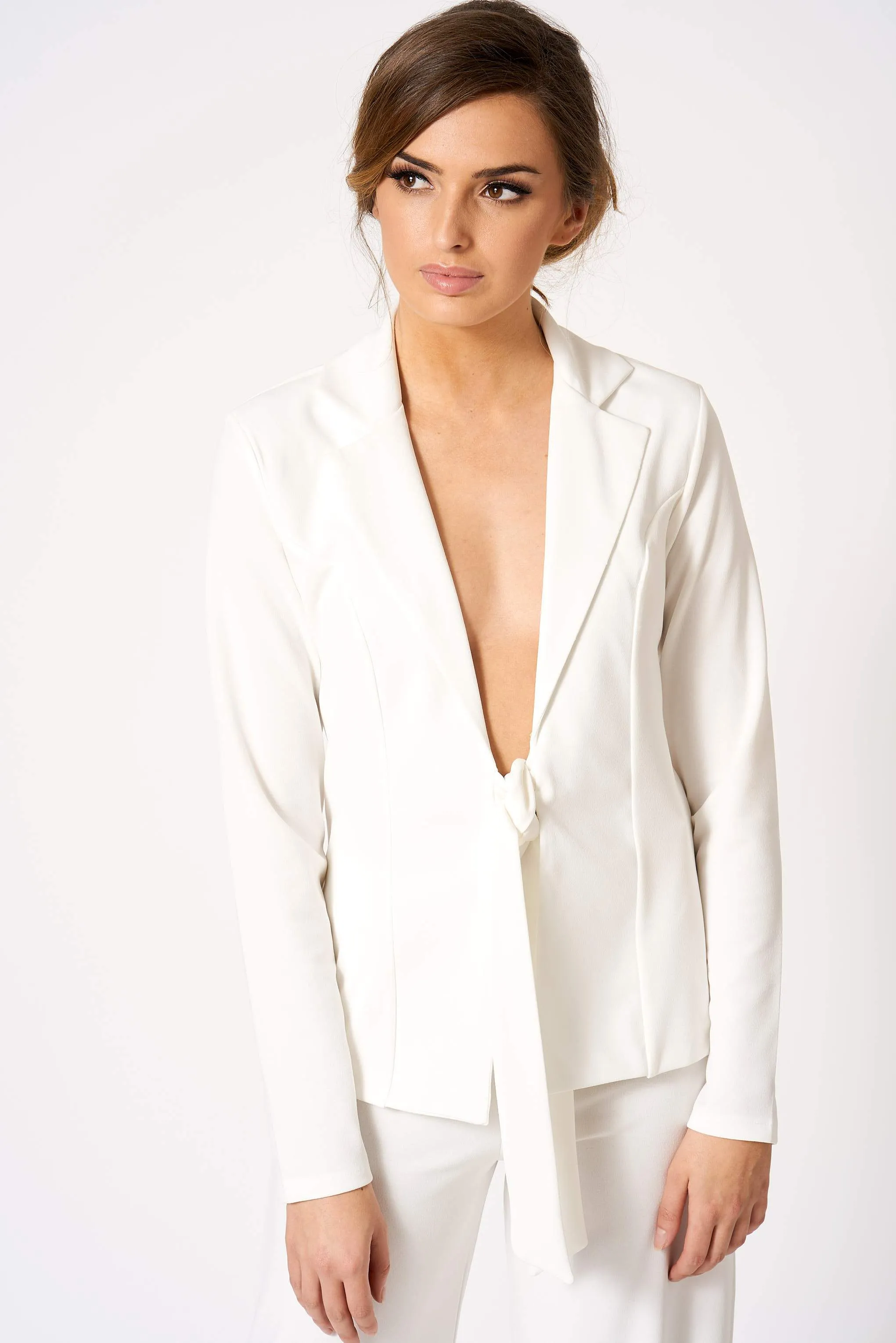 White Tie Front Plunge Tailored Blazer