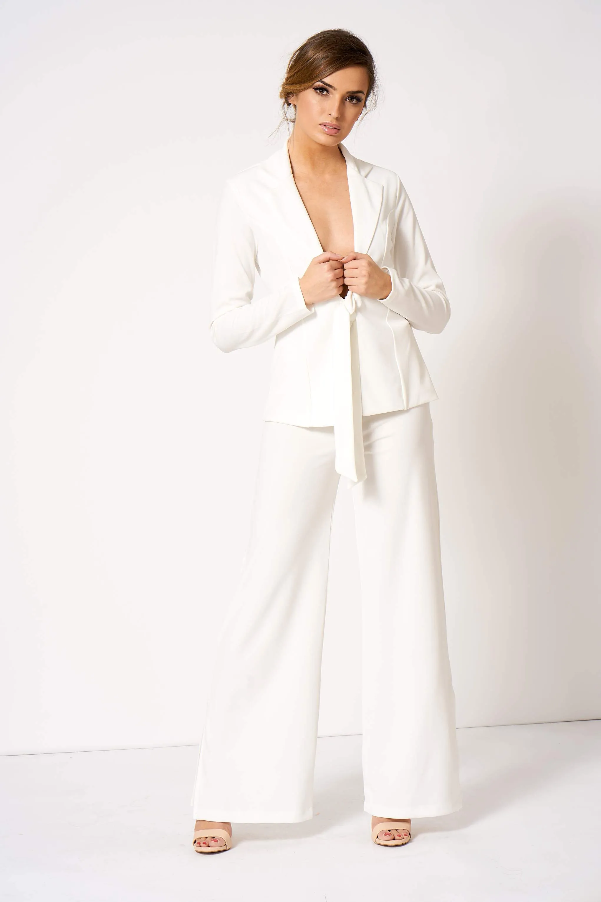 White Tie Front Plunge Tailored Blazer