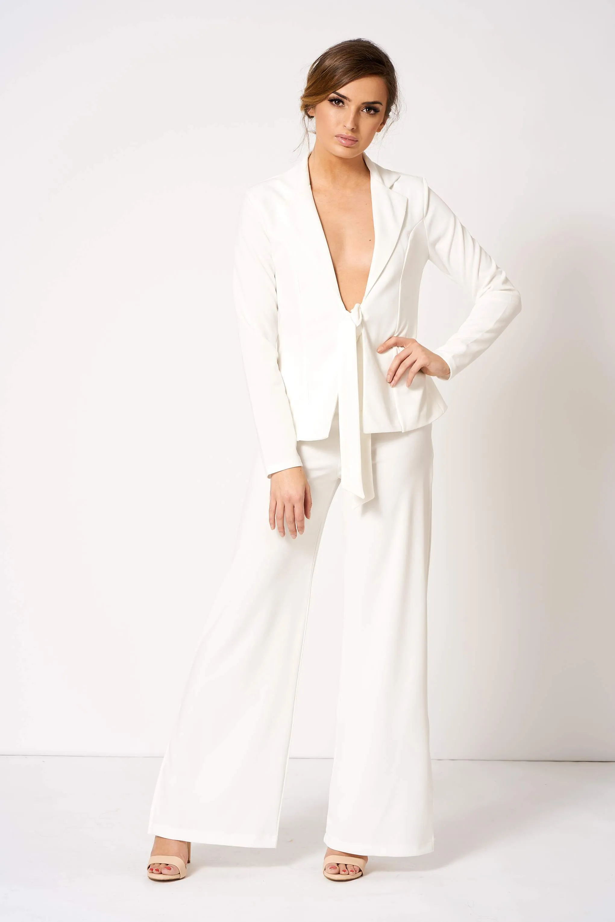 White Tie Front Plunge Tailored Blazer