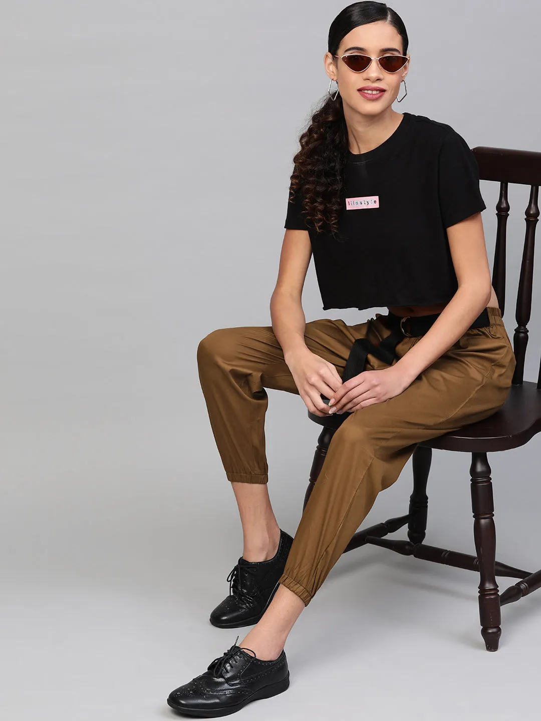 Women Brown Jogger Belted Pants