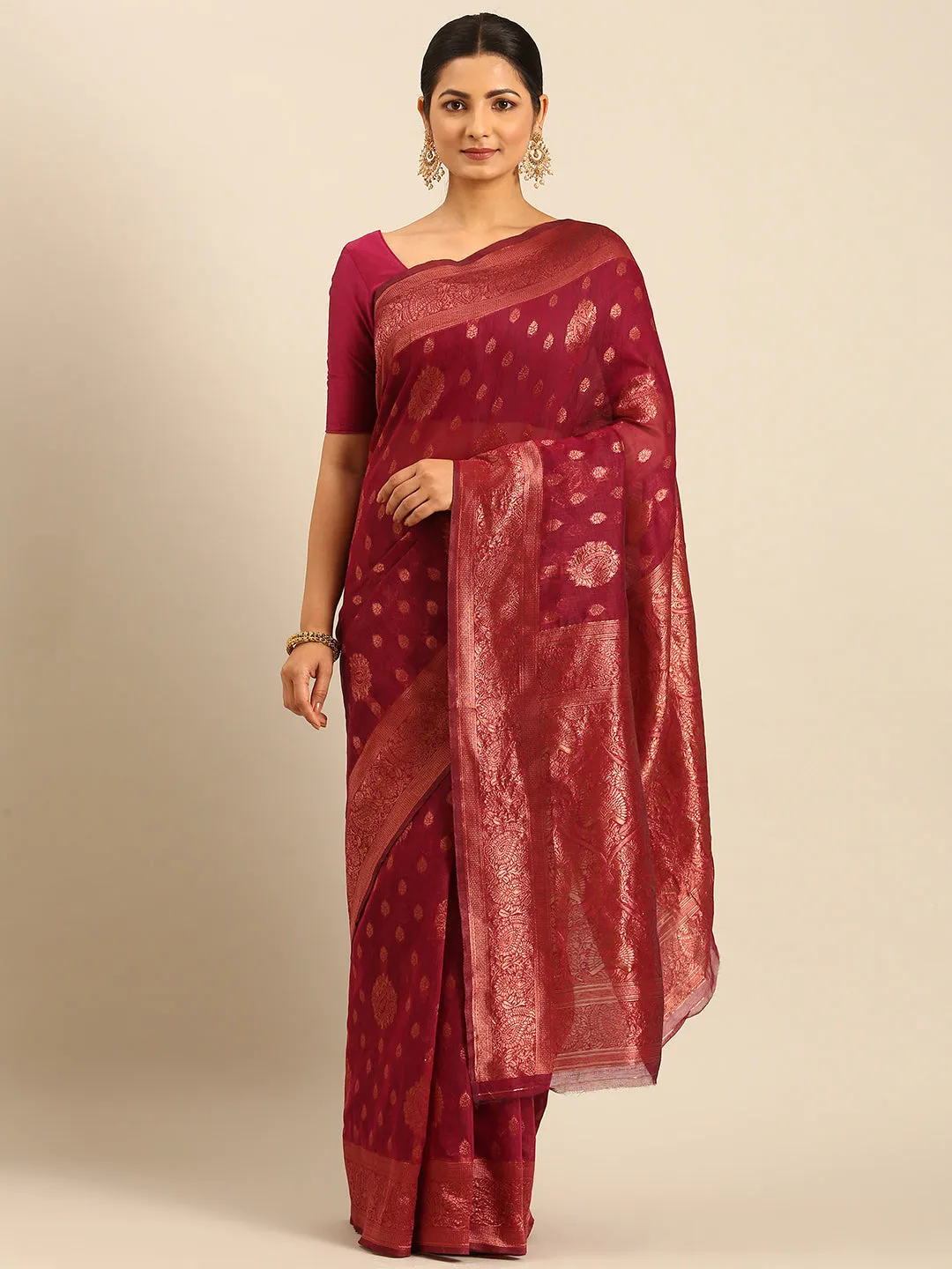 Women Magenta Cotton Saree With Un Stitched Blouse