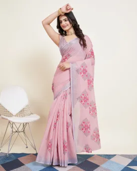 Women Party Wear Printed Semi Cotton Saree with Un Stitched Blouse