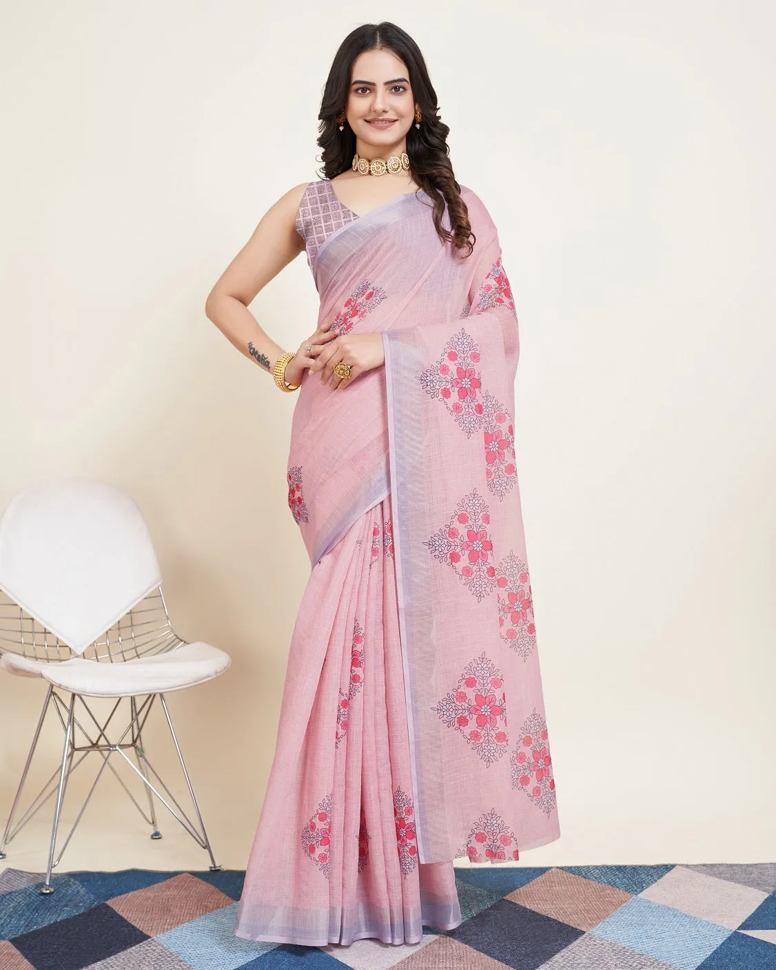 Women Party Wear Printed Semi Cotton Saree with Un Stitched Blouse