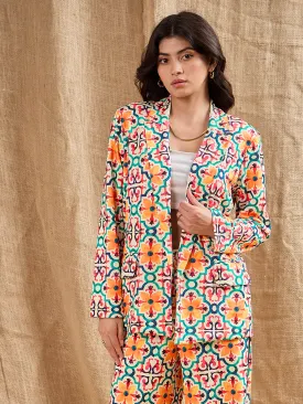 Women Yellow Geometrical Printed Shawl Collar Blazer