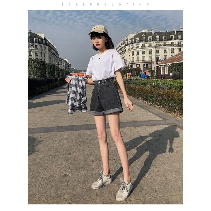 Worn Outside Loose Fit Wide-Leg Thin Slimming High-Waisted Denim Shorts