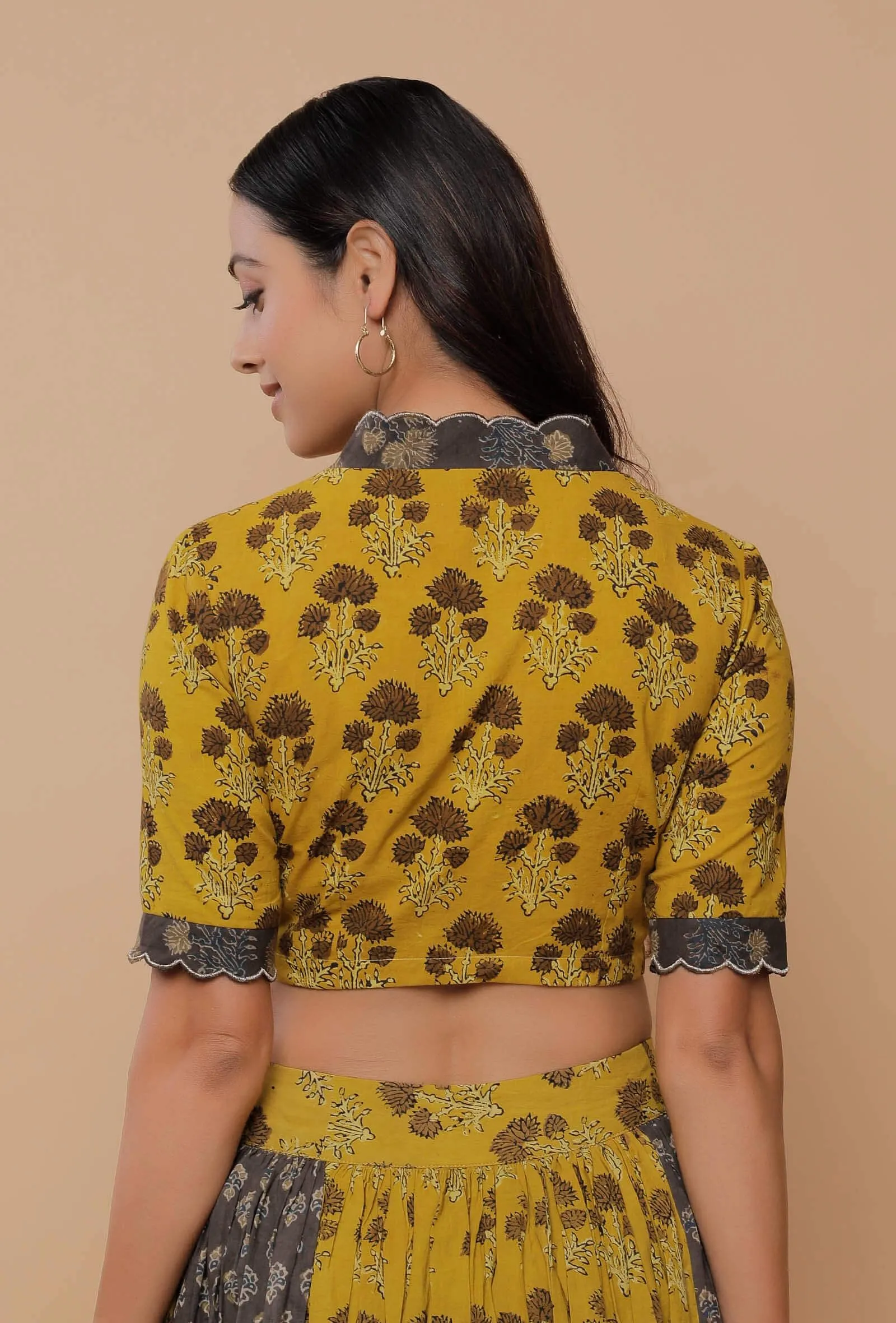 Yellow And Grey Handblock Printed Ajrakh Creative V Neck Blouse